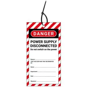 LOTO tag power supply disconnected EN - rood wit zwart - rechthoekig - inclusief tiewraps