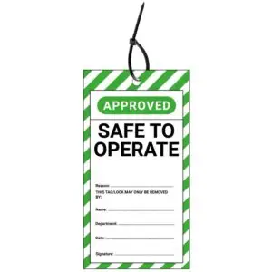 LOTO tag safe to operate EN - groen wit zwart - rechthoekig - inclusief tiewraps