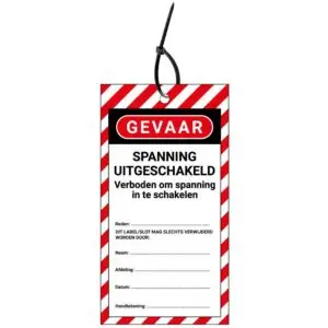 LOTO tag spanning uitgeschakeld NL - rood wit zwart - rechthoekig - inclusief tiewraps