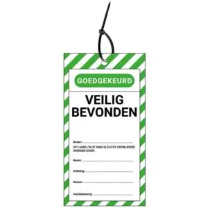 LOTO tag veilig bevonden NL - groen wit zwart - rechthoekig - inclusief tiewraps
