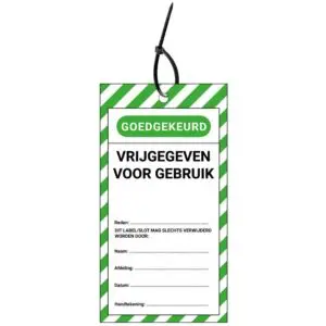 LOTO tag vrijgegeven voor gebruik NL - groen wit zwart - rechthoekig - inclusief tiewraps