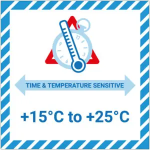 Time & temperature sensitive 15 tot 25 graden IATA pictogram - blauw wit rood - vierkant