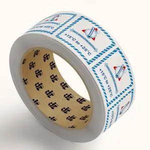 Time & temperature sensitive 15 tot 25 graden IATA pictogram op rol - blauw wit rood - vierkant