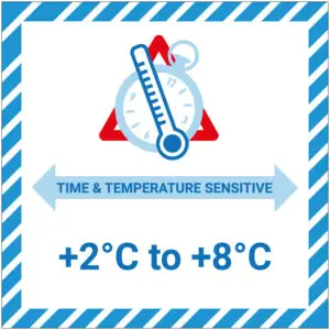 Time & temperature sensitive 2 tot 8 graden IATA pictogram - blauw wit rood - vierkant