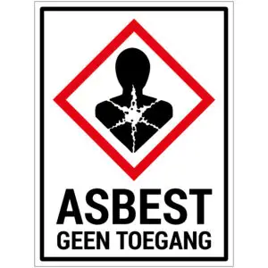 Asbest geen toegang verbodspictogram - rood wit zwart - rechthoekig - symbool gezondheidsgevaar met tekst asbest geen toegang