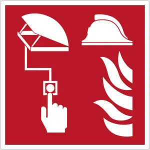 Bediening rookluik brand pictogram - vierkant - rood wit - symbool rookluik en vinger bij knop