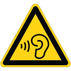 Hoge geluidsbelasting waarschuwingspictogram W087 - geel zwart - driehoekig - symbool oor en geluid