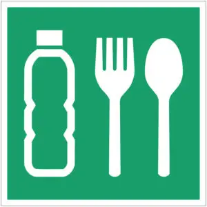 Noodrantsoen eten EHBO pictogram E074 - vierkant - groen wit - symbool bestek en drinkfles