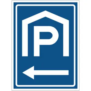Parkeergarage links verkeersbord pictogram - rechthoekig - blauw wit - symbool P met dak en pijl naar links