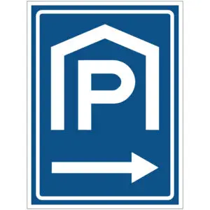 Parkeergarage rechts verkeersbord pictogram - rechthoekig - blauw wit - symbool P met dak en pijl naar rechts