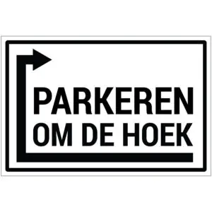 Parkeren links om de hoek tekst pictogram - wit zwart - rechthoekig - tekst parkeren om de hoek met pijl links om de hoek