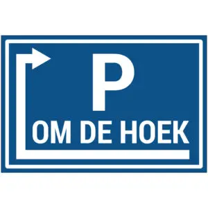 Parking links om de hoek pictogram - blauw wit - rechthoekig - tekst P om de hoek met pijl links om de hoek