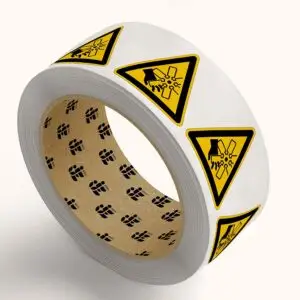 Roterende messen waarschuwingspictogram W088 op rol - driehoekig - geel zwart - symbool hand tussen roterend mes