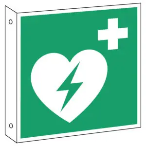 Haaks AED bord E010 - groen wit - vierkant - symbool AED met kruis - dubbelzijdig bedrukt