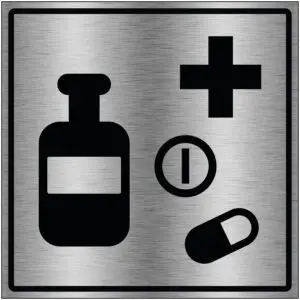 Medicijnen gebouw pictogram brushed aluminium - grijs zwart - vierkant