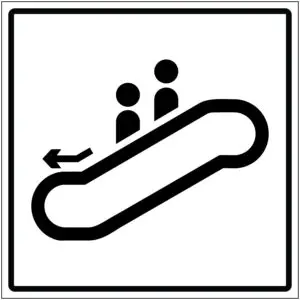 Roltrap omlaag gebouw pictogram - wit zwart - vierkant