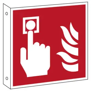 Voorkant haaks brandmelder bord F005 - rood wit - vierkant - symbool brandmelder met vinger - dubbelzijdig bedrukt