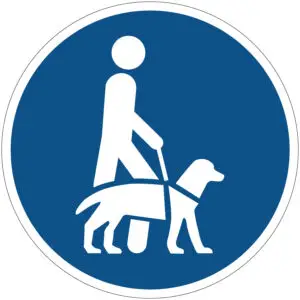 Mensen met blindengeleidehond prioriteit gebodspictogram - blauw wit - rond - symbool persoon met blindengeleidenhond