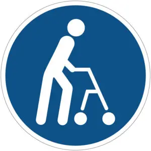 Mobiliteitsbeperking prioriteit gebodspictogram - blauw wit - rond - symbool persoon met rollator