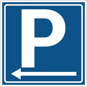 Parkeerplaats links verkeersbord pictogram - blauw wit - vierkant - symbool p en pijl links