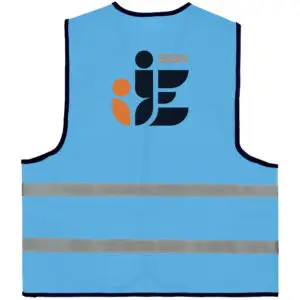 Veiligheidshesje met logo of tekst op maat lichtblauw achterkant